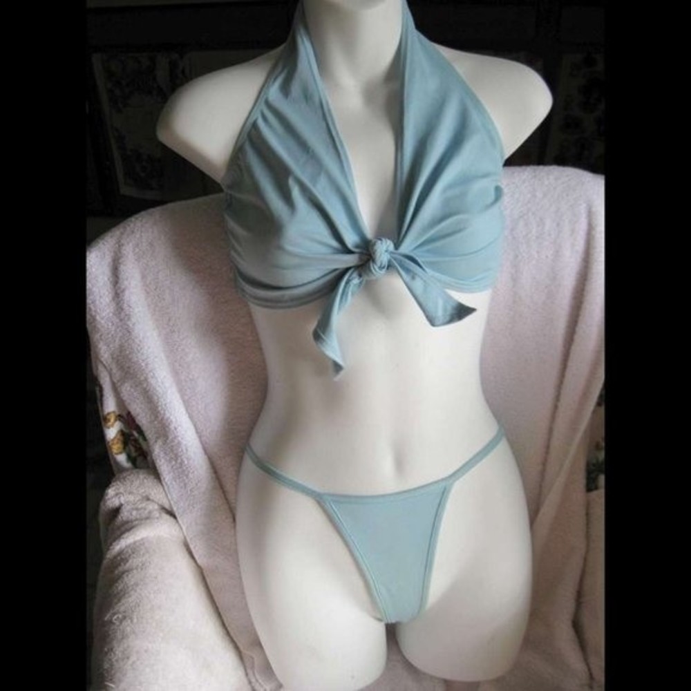 Zuliana Blue 2 PC Sexy Thong Panty Tie Front Top Dancer Outfit Swim Cover Ups